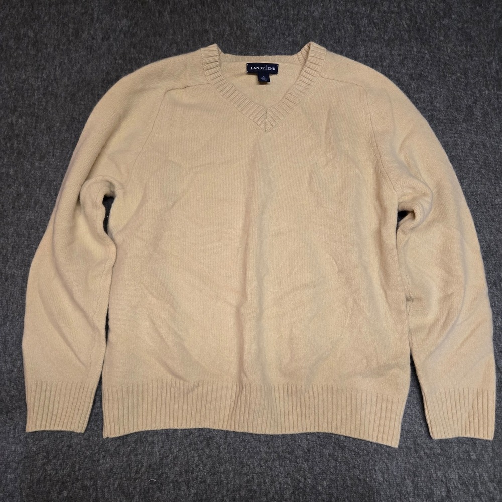 Lands' End V-Neck Sweater Mens Medium Beige Lambswool Cashmere Blend